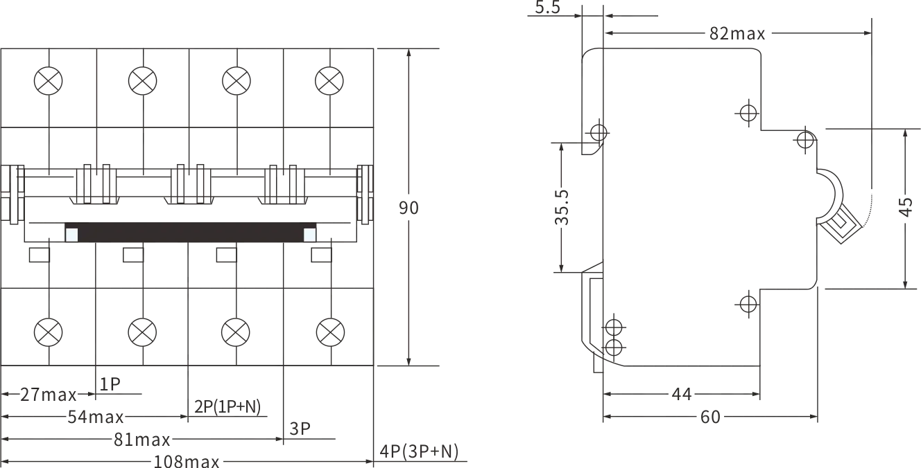 ETEK BIG Ток MCB EKM1-125H Размер